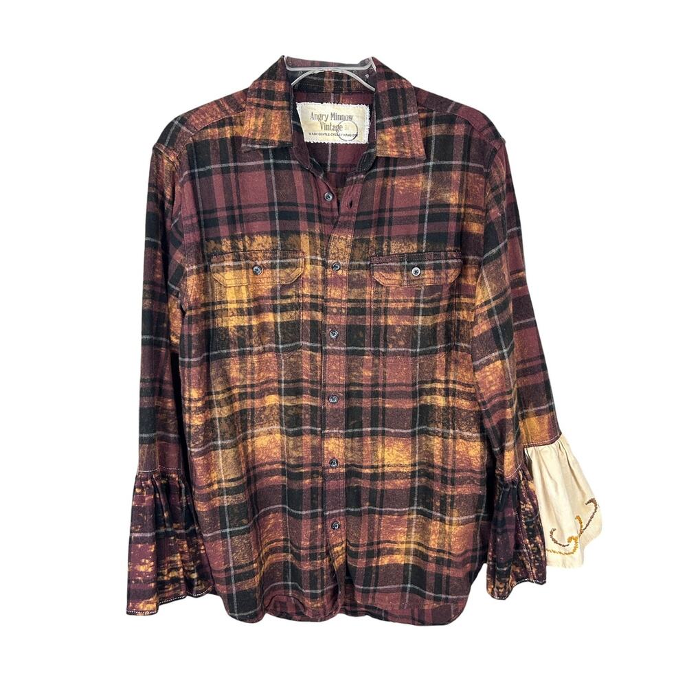 Angry Minow Vintage Brown Flare Cuff Flanel Button Front Casual BOHO Shirt M